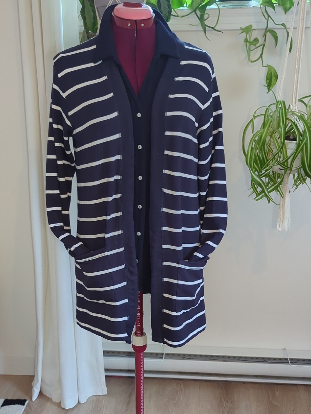 Simons Navy and White Striped Open-Front Cardigan